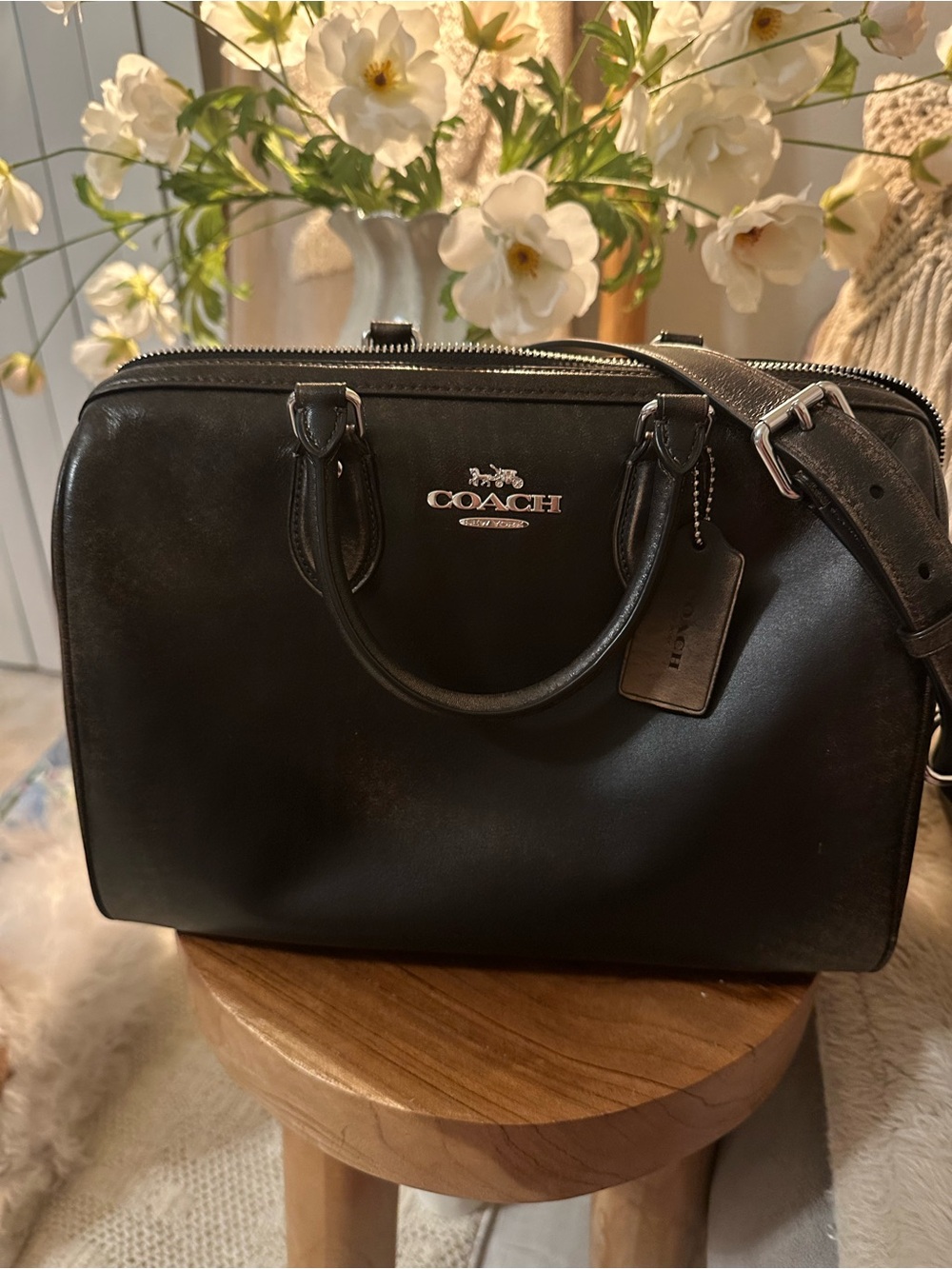 Coach Black Leather Messenger Satchel with Removable Strap